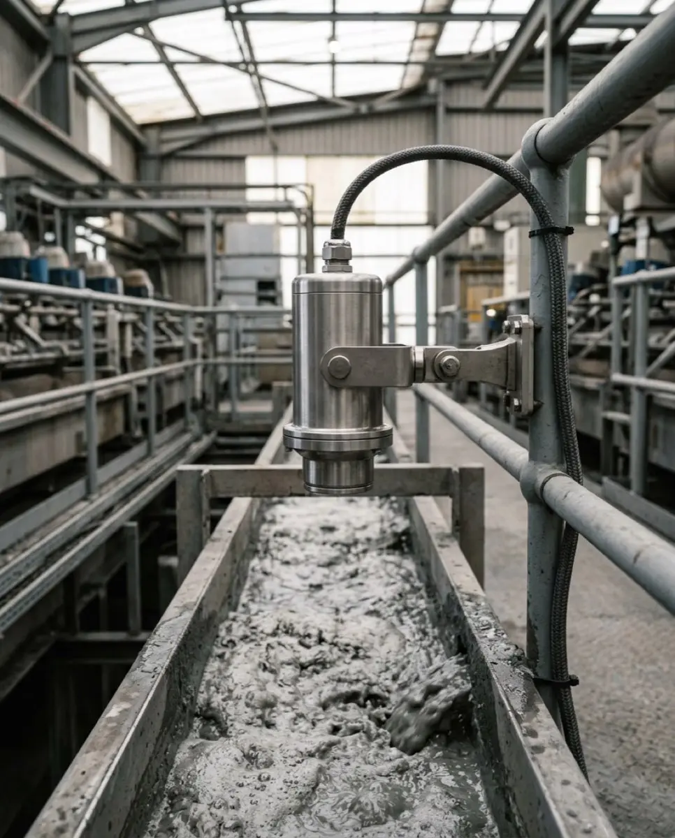 A stainless machine-vision camera on a bracket above a flotation launder.
