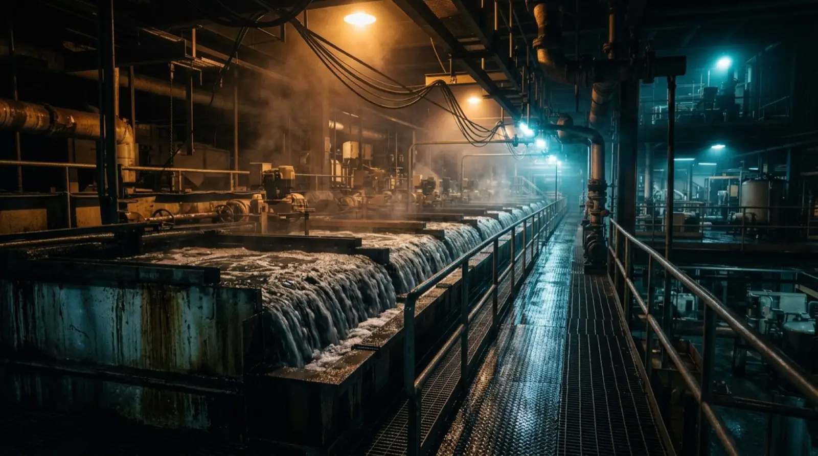 A bank of flotation cells inside a mill at night, froth spilling over the launder lips under sodium and mercury-vapour light.