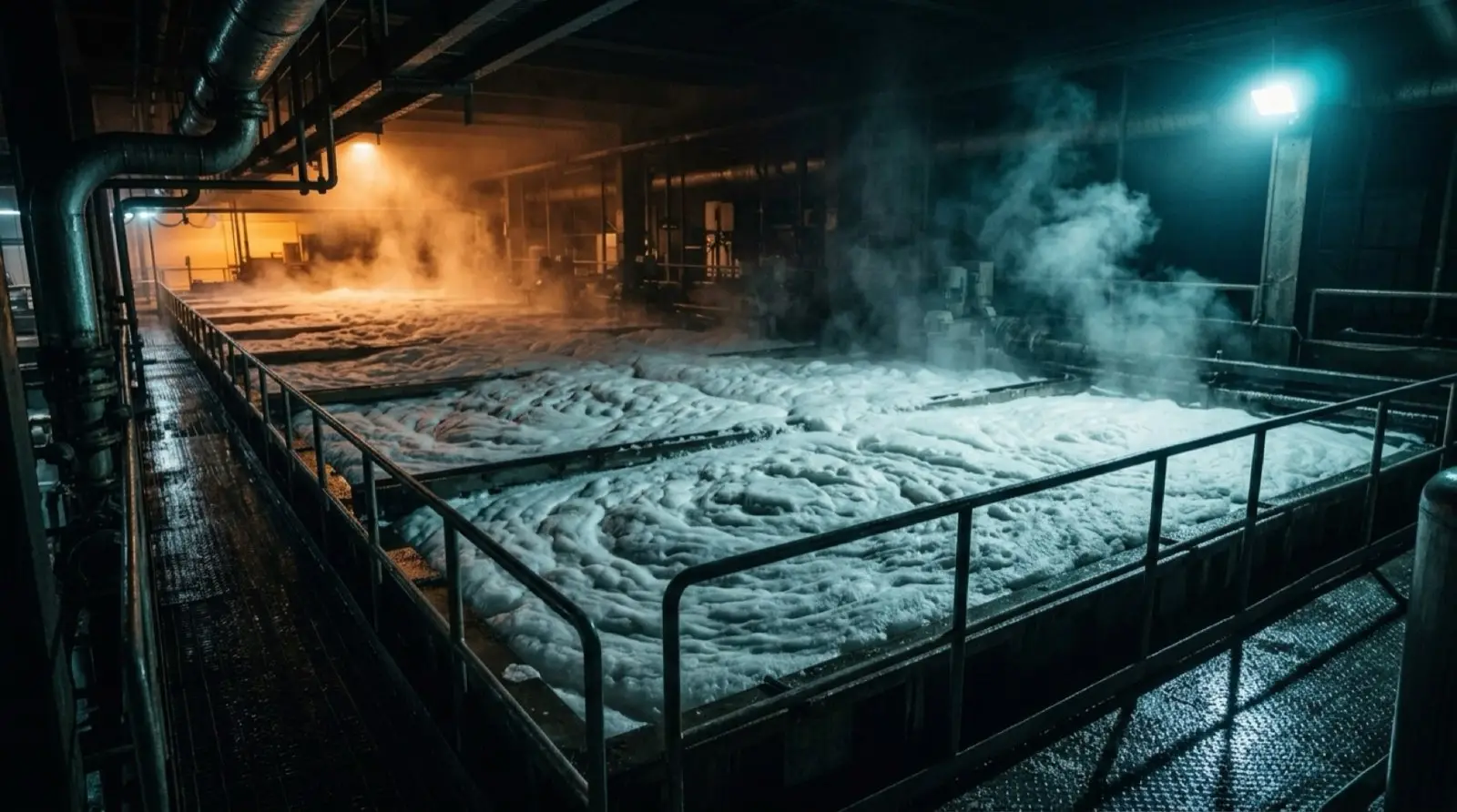 A process tank under a thick foam blanket at night, steam rising.