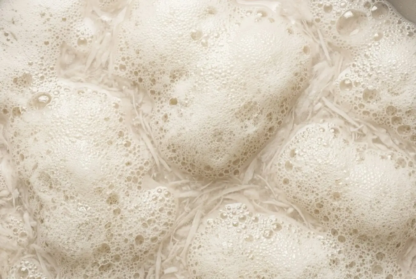 Overhead view of cream foam on pale fibrous paper-mill stock.